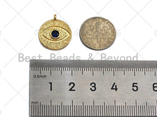Load image into Gallery viewer, Cobalt  CZ Micro Pave Round Evil Eye on Disc Pendant/Charm, Lucky eye Cubic Zirconia Pendant, 24K Gold Tone,16x18mm,Sku#L305