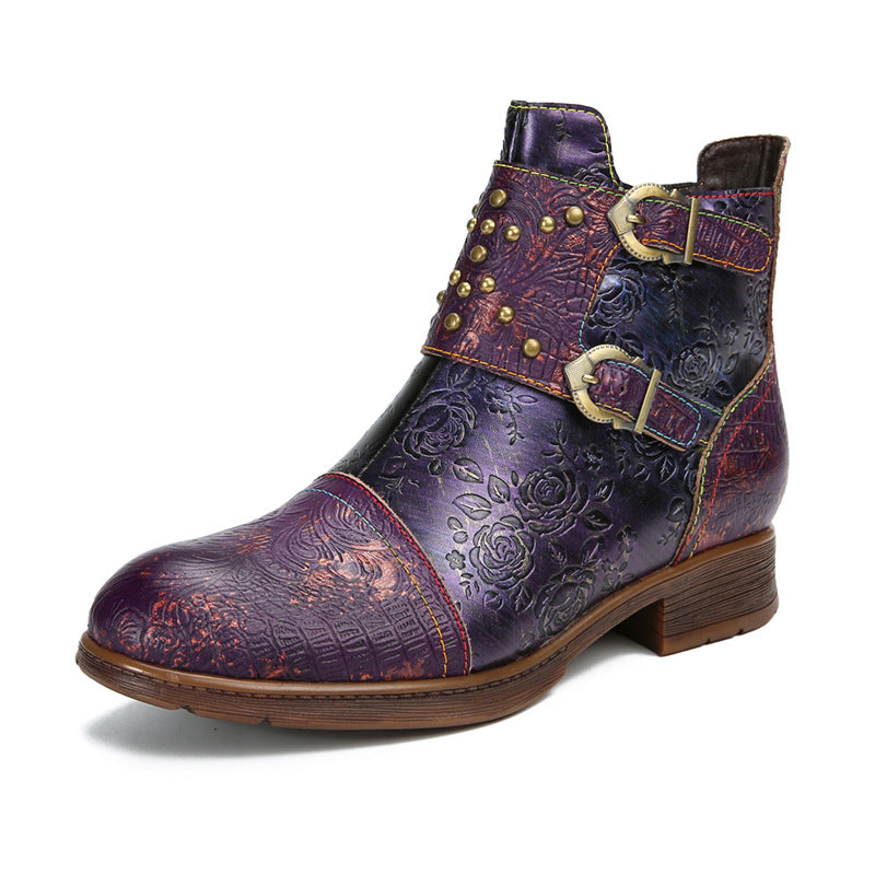 Women's Ethnic Rivet Buckle Boots - Cowhide Leather Fashion Ankle Boots with Side Zipper