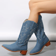 Load image into Gallery viewer, Women's Plus-Size Mid-Calf Western Boots – Blue Denim Embroidery Square Heel