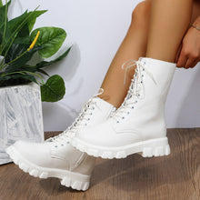 Load image into Gallery viewer, Women's Round Toe Ankle Boots - Lace-Up Low Heel Booties with Patchwork Detail