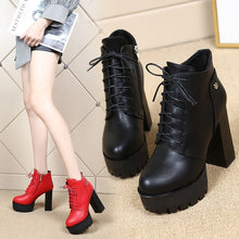 Load image into Gallery viewer, Chunky Heel Platform Boots for Women - Mid-Calf Pointed Toe Boots with Side Zipper