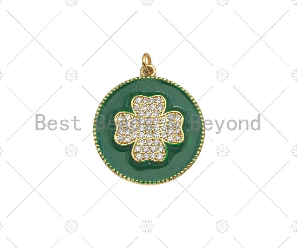 CZ Gold Clover On Green/Pink/Black/White/Red/Blue Enamel Round Coin Shape Pendant, 18K Gold Enamel Charm, Enamel Jewelry, 25x28mm,Sku#B131
