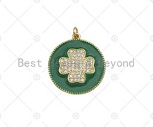 Load image into Gallery viewer, CZ Gold Clover On Green/Pink/Black/White/Red/Blue Enamel Round Coin Shape Pendant, 18K Gold Enamel Charm, Enamel Jewelry, 25x28mm,Sku#B131