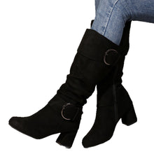 Load image into Gallery viewer, Women's Belt Buckle Chunky Heel Mid-Calf Boots | Suede Pointed Toe Fall Winter