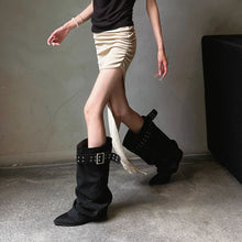 Load image into Gallery viewer, Women's Knee-High Western Boots | Pointed Toe Stiletto Heel | Buckle Detail | Khaki &amp; Black