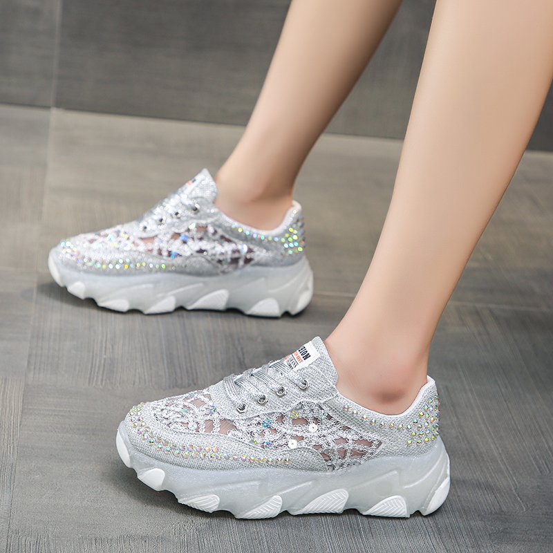 Women's Rhinestone Mesh Dad Sneakers | Chunky Sole Lace-Up Casual Shoes
