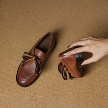 Load image into Gallery viewer, Women's Leather Bow Pumps | Retro Round Toe Chunky Low Heel Loafer Shoes
