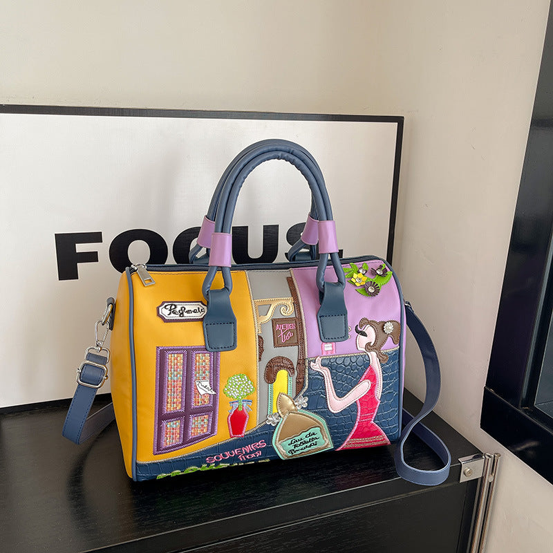 Premium Embroidered Boston Bag - PU Leather Handbag with Patchwork Design