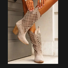 Load image into Gallery viewer, Women's Plus-Size Cutout Mesh Over-the-Knee Boots | Chunky Heel Slip-On Suede Boots