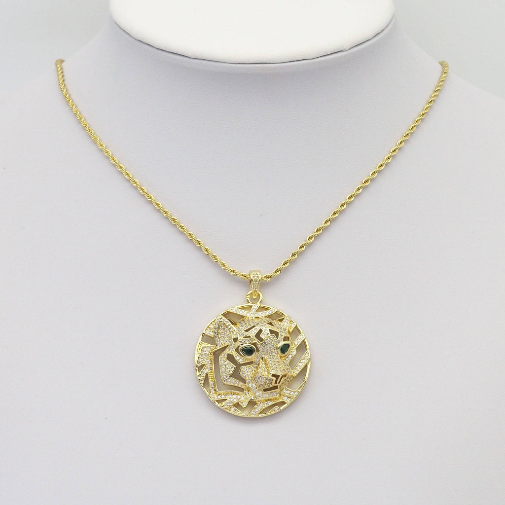 Clear CZ Gold Tiger Lion Head Pendant, Sku#LX318