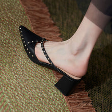 Load image into Gallery viewer, Women's Chunky Block Heel Pointed Toe Studded Slip-On Shoes | PU Leather Korean Style Heels