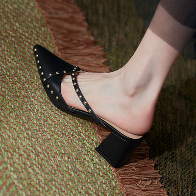 Women's Chunky Block Heel Pointed Toe Studded Slip-On Shoes | PU Leather Korean Style Heels
