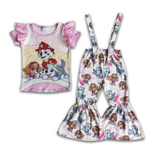 Load image into Gallery viewer, Short flutter sleeve shirt dog bell bottom overalls cute girls clothing set