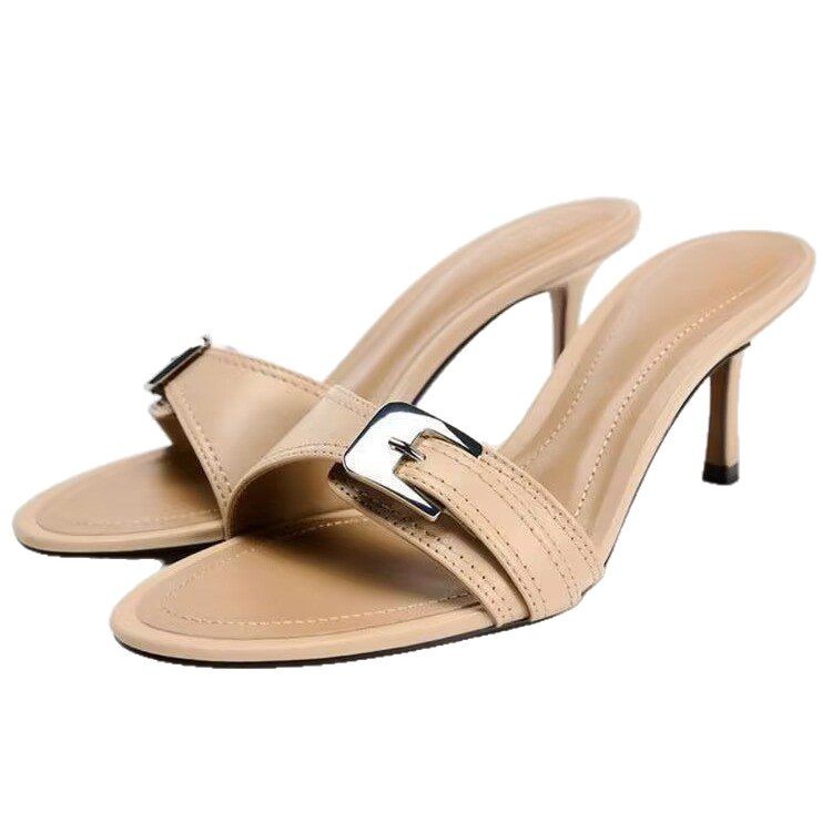 Women's Mid-Heel Peep Toe Sandals – PU Leather Casual Outdoor Sandals in Black & Apricot
