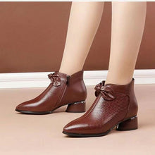 Load image into Gallery viewer, Women's Pointed Toe Chunky Heel Ankle Boots with Side Zipper &amp; Bow Detail