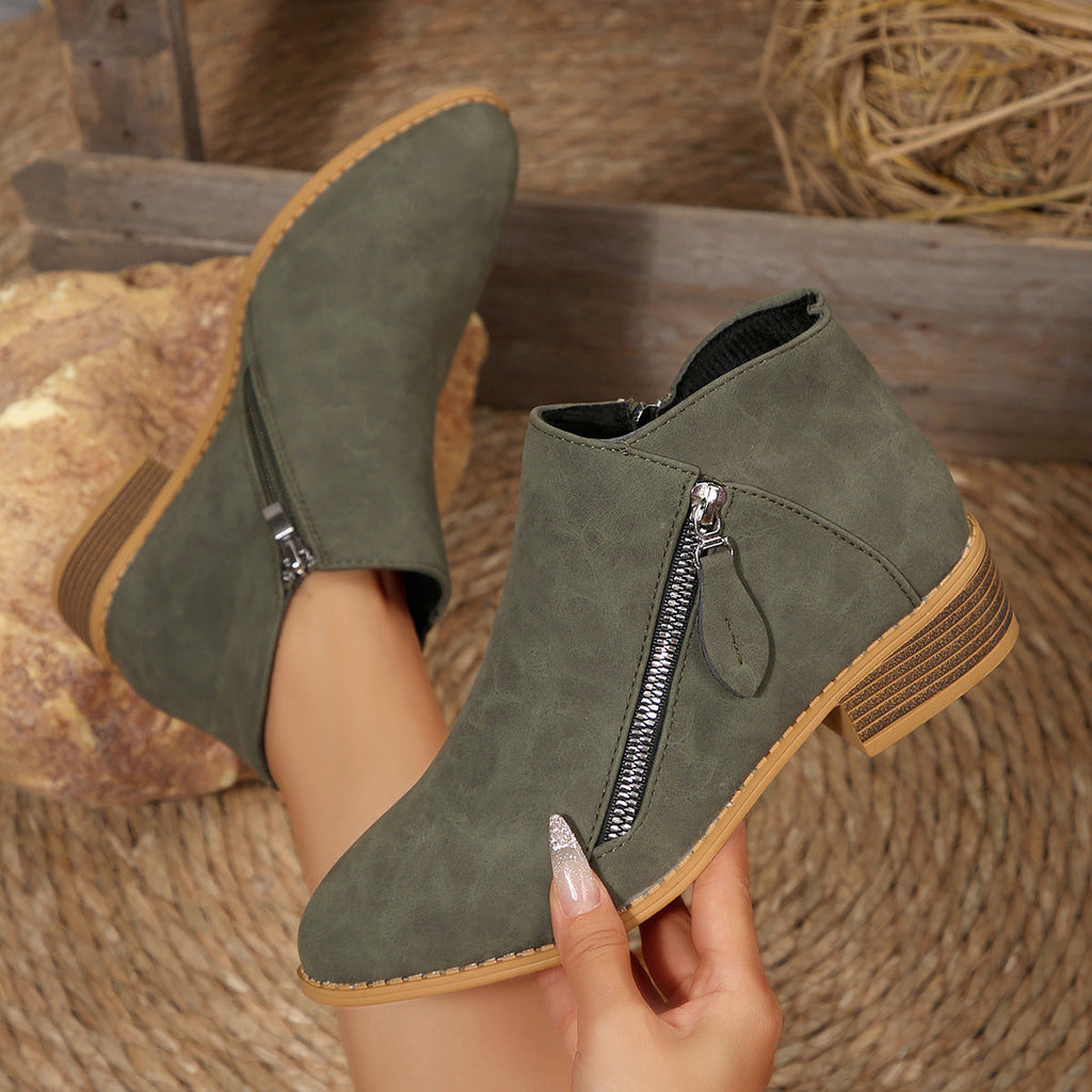 Women's Chunky Heel Pointed-Toe Ankle Boots – Side Zipper, PU Leather, Multi-Color