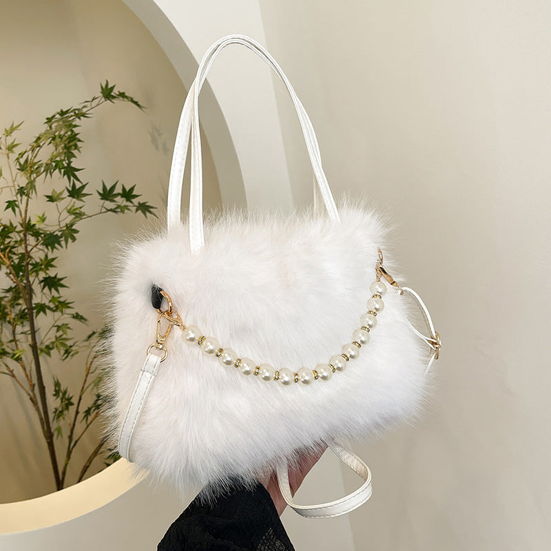 Women's Furry Tote Bag with Pearl Chain Shoulder Strap - Soft Faux Fox Fur Square Handbag