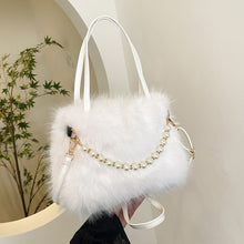 Load image into Gallery viewer, Women's Furry Tote Bag with Pearl Chain Shoulder Strap - Soft Faux Fox Fur Square Handbag