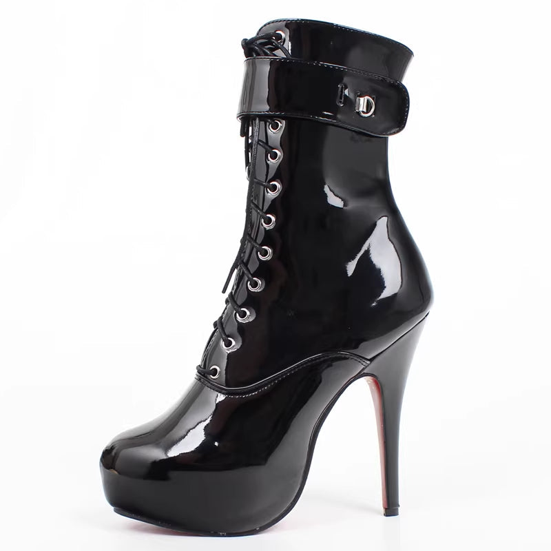 Women's Lockable Lace-Up Platform Heels - 15CM Super High Heel Patent Leather Pumps