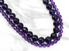 Load image into Gallery viewer, Special Cut Quality Natural Amethyst Round Faceted beads, 6mm/8mm/10mm/2mm, Loose Dark Puple Gemstone Beads, 15.5 inch strand, SKU#V3C