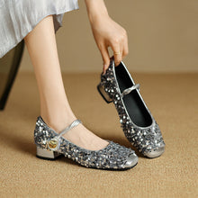 Load image into Gallery viewer, Women's Sequined Peep-Toe Mary Jane Shoes | Low Chunky Heel Buckle Dress Shoes