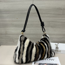 Load image into Gallery viewer, Handheld Plush Baguette Bag – Mink Fur &amp; Synthetic Leather Mini Handbag
