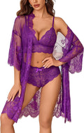 Avidlove Women 3 Piece Lingerie Set Lace Robe Bra Panty Mesh Sleepwear