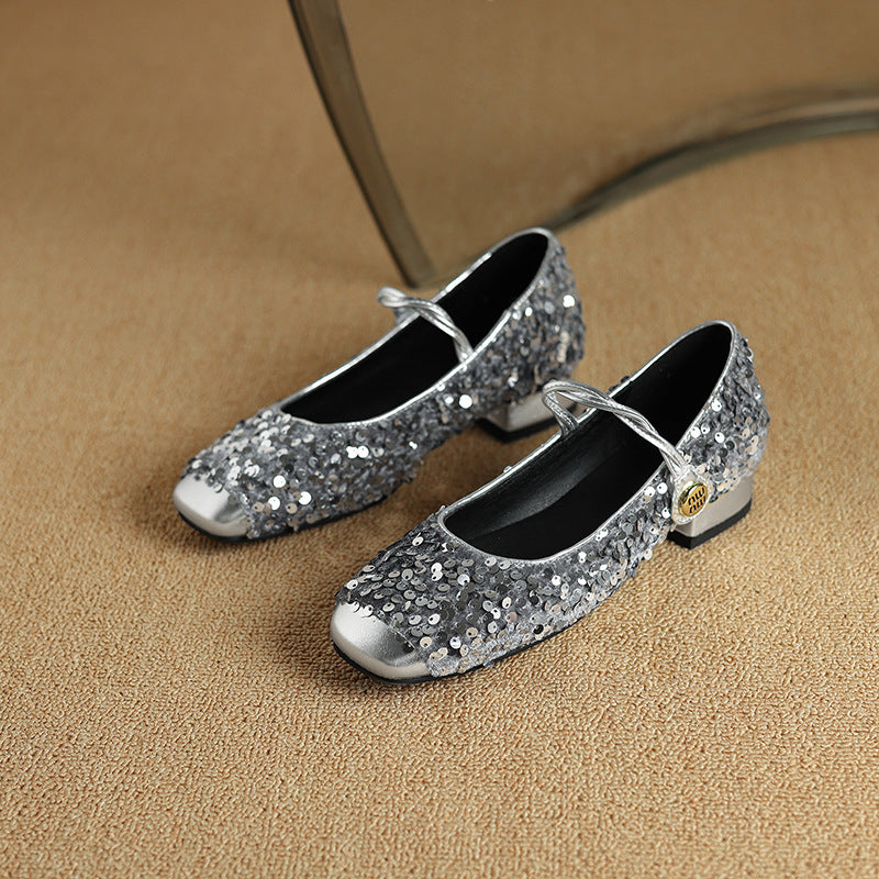 Women's Sequined Peep-Toe Mary Jane Shoes | Low Chunky Heel Buckle Dress Shoes