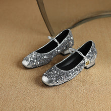 Load image into Gallery viewer, Women's Sequined Peep-Toe Mary Jane Shoes | Low Chunky Heel Buckle Dress Shoes