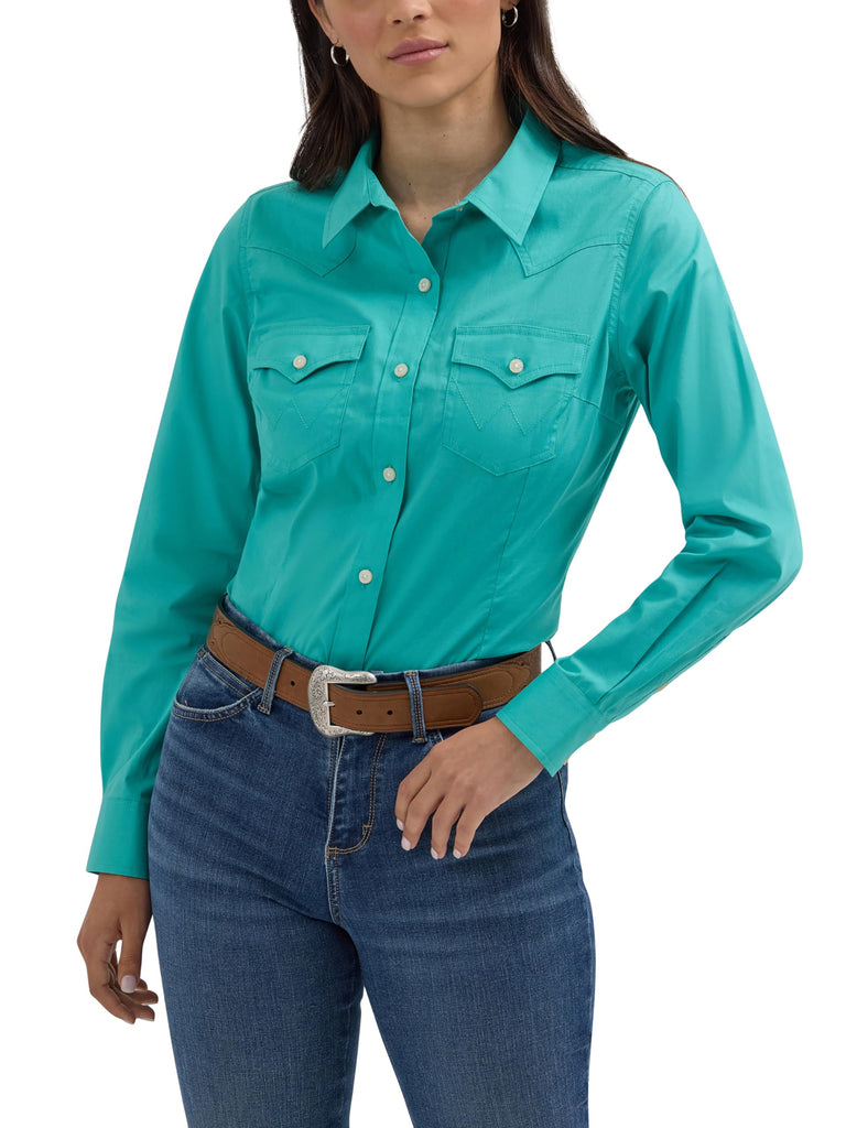 Women's Retro Long Sleeve Cool Blue Solid Western Shirt