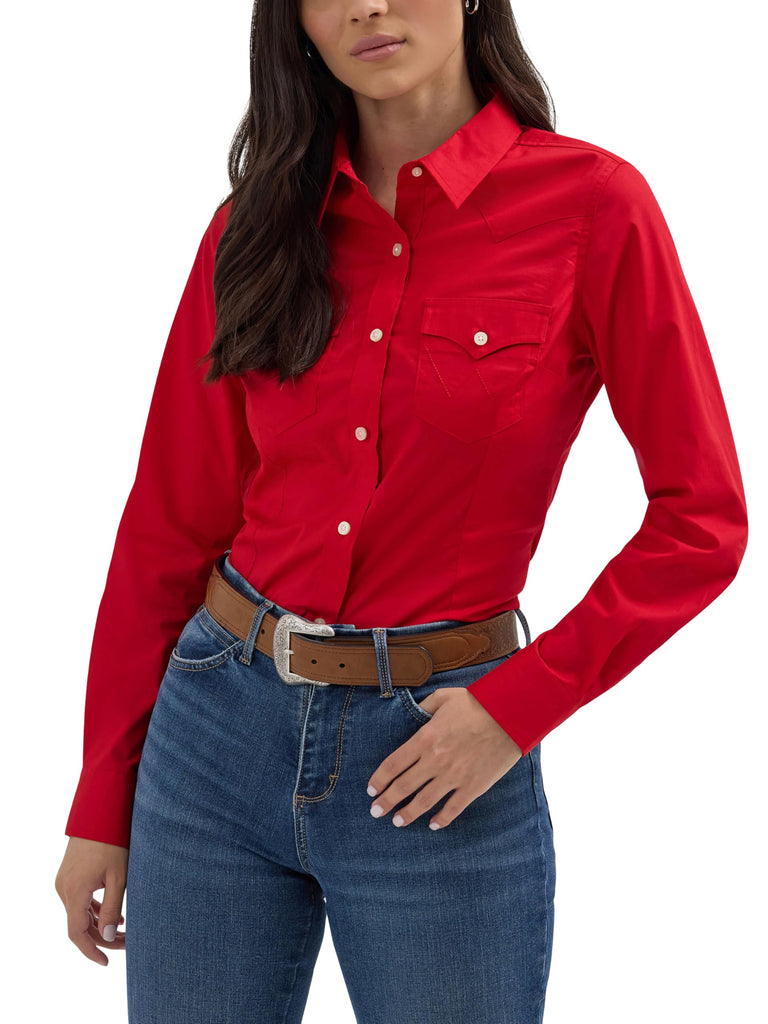 Women's Retro Long Sleeve Cool Blue Solid Western Shirt
