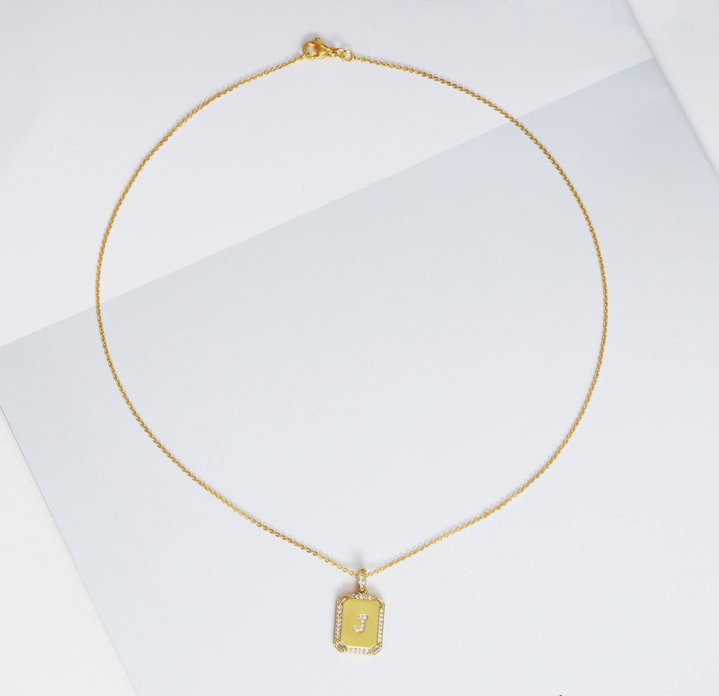 Gold Filled Tile Initial Letter Necklace, Peronalized Necklace, Sku#CL25