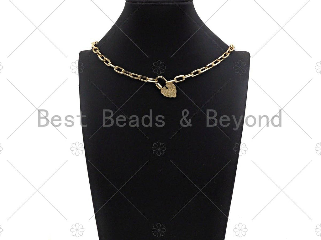 18K Gold Clear CZ Micro Pave Leaf Heart Fancy Lock Clasp, Heart Shape Clasp, Pave Lock, Gold Claps, 17x30mm,sku#K149