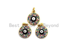 Load image into Gallery viewer, CZ Colorful Micro Pave Round With Evil Eye Pendant, Coin Shaped Pave Pendant, Gold plated, 10x12mm, Sku#F842
