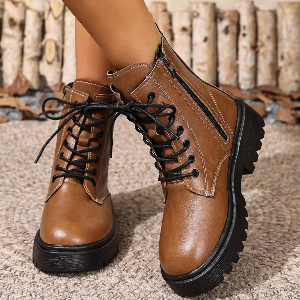 Women's Lace-Up Ankle Combat Boots | Low Heel PU Leather | Khaki Pink Brown