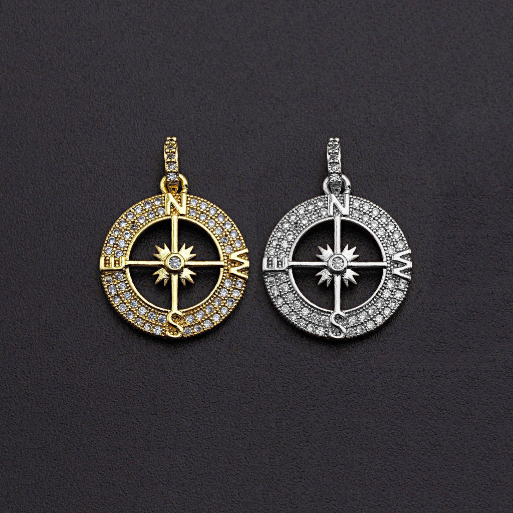 Clear CZ Micro Pave Hollow out Compass Pendant/Charm,Round C