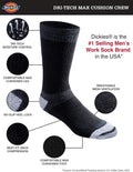 Dickies Men's Dri-tech Moisture Control Max Full Cushion Crew Socks, Available in M-xl (6, 12 Pairs)