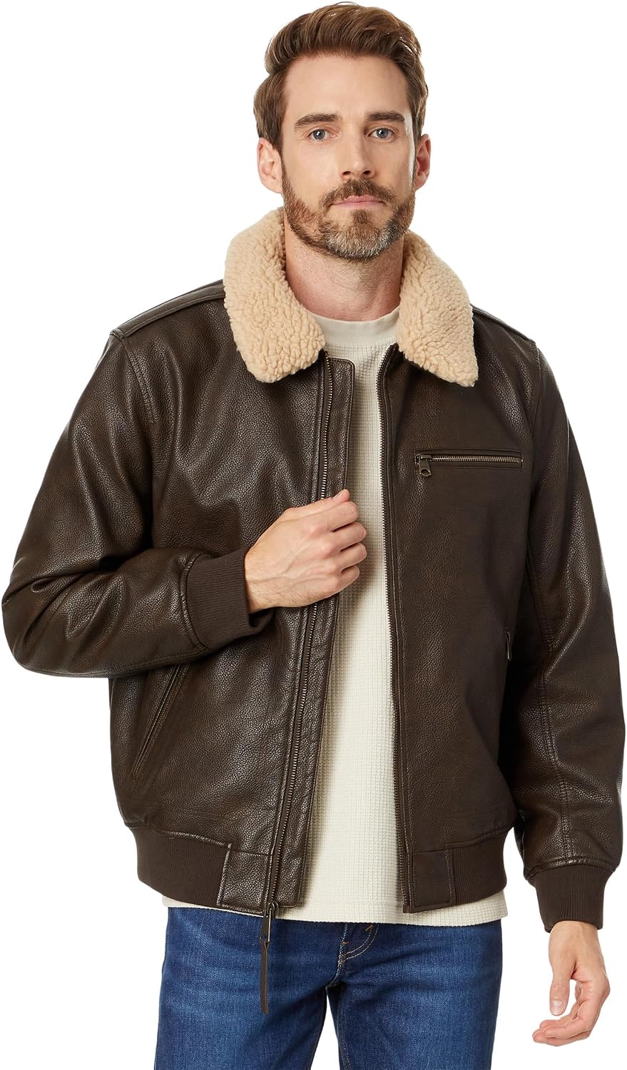 Levi's Men's Faux Leather Aviator Bomber Jacket With Sherpa Collar