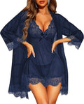RSLOVE Women Sexy Lingerie Set 3 Piece Babydoll & Lace Kimono Robe Strap Chemise Sleepwear Mesh Nightgown