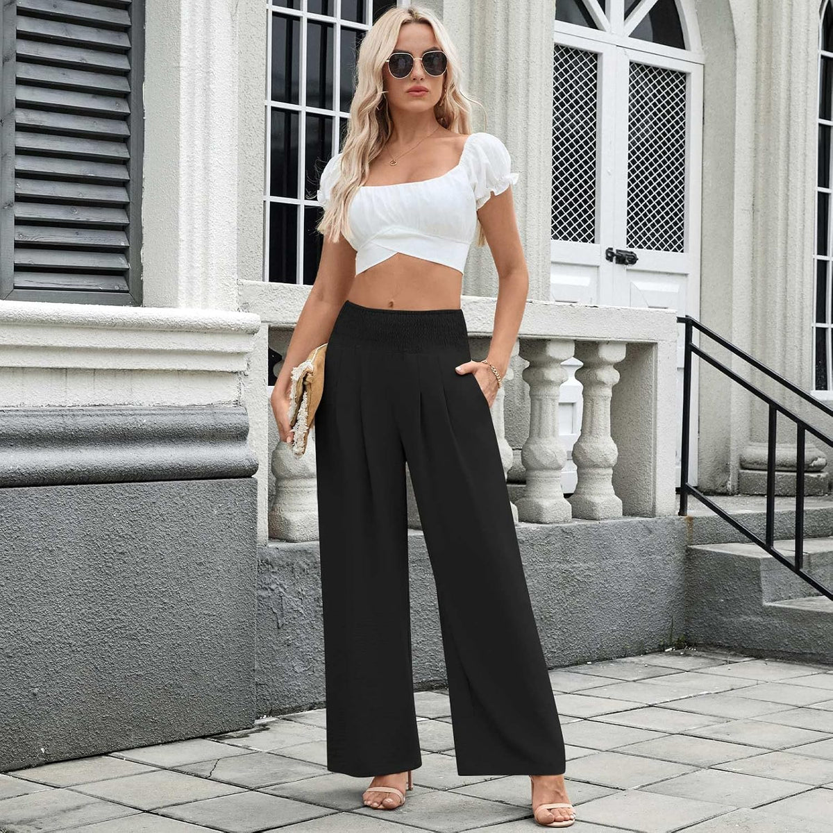 Findsweet Womens Wide Leg Pants Palazzo Casual Flowy Elastic Waist Pant Dressy Long Lounge with Pockets