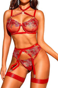 RSLOVE Women's Sexy Lingerie Set with Garter Belt Underwire Floral Embroidered 3 Piece Bra and Panty Sets Lace Babydoll