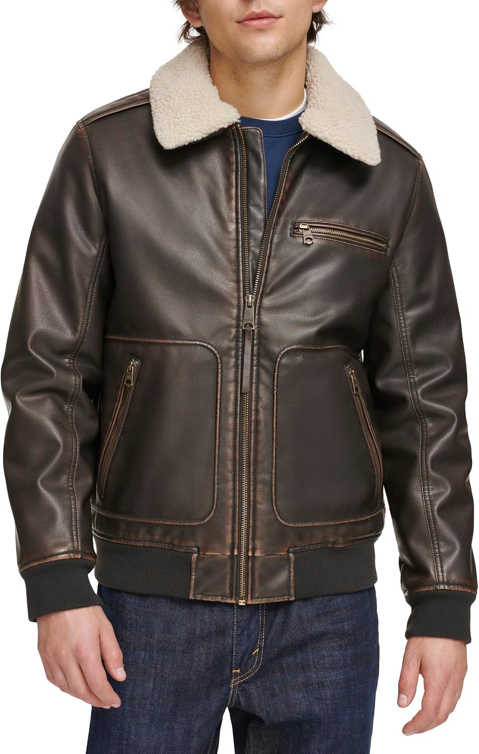 Levi's Men's Faux Leather Aviator Bomber Jacket With Sherpa Collar