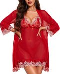 RSLOVE Women Sexy Lingerie Set 3 Piece Babydoll & Lace Kimono Robe Strap Chemise Sleepwear Mesh Nightgown