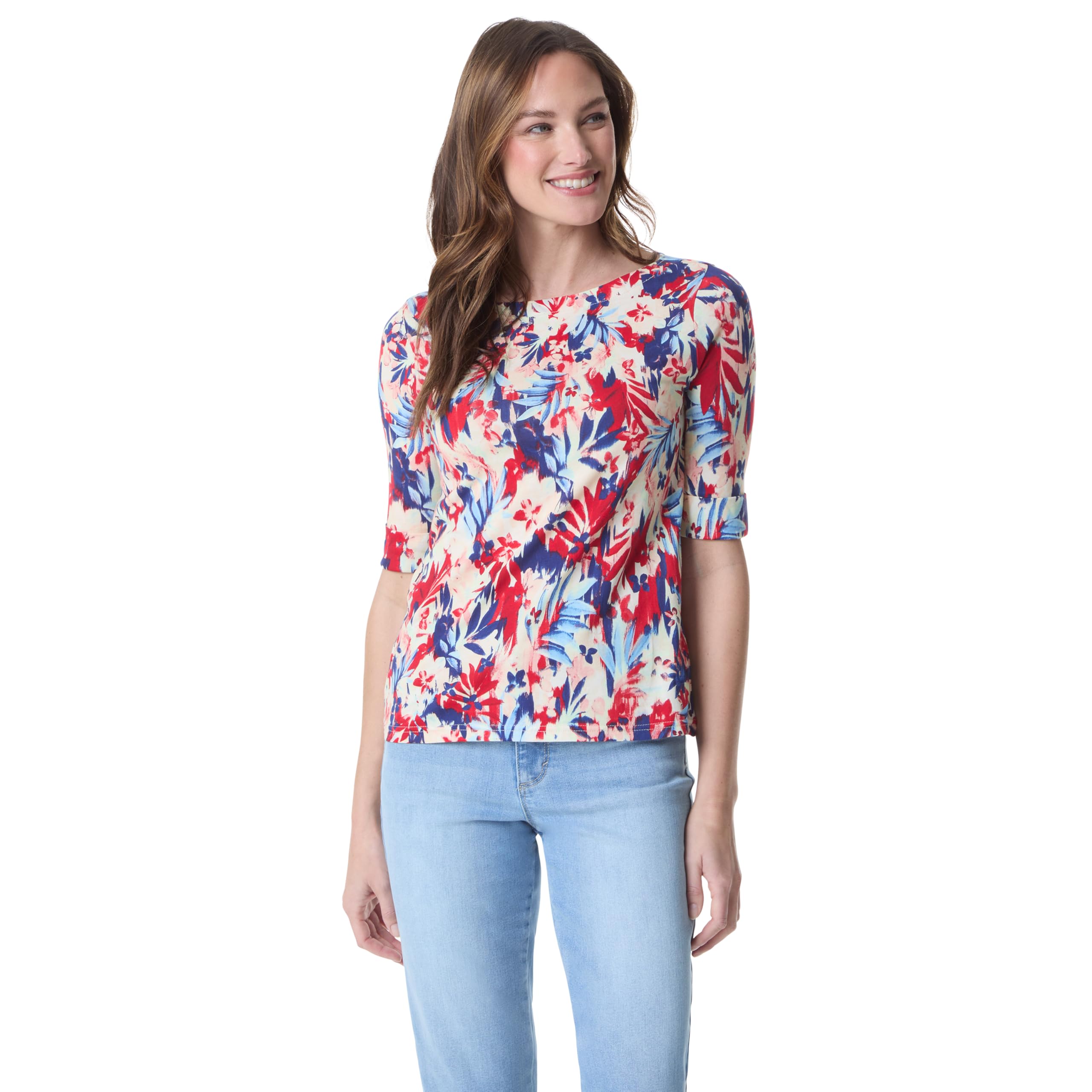 Gloria Vanderbilt Women's Alanis Boat Neck Knit Tee Shirt with Elbow Sleeves Standard