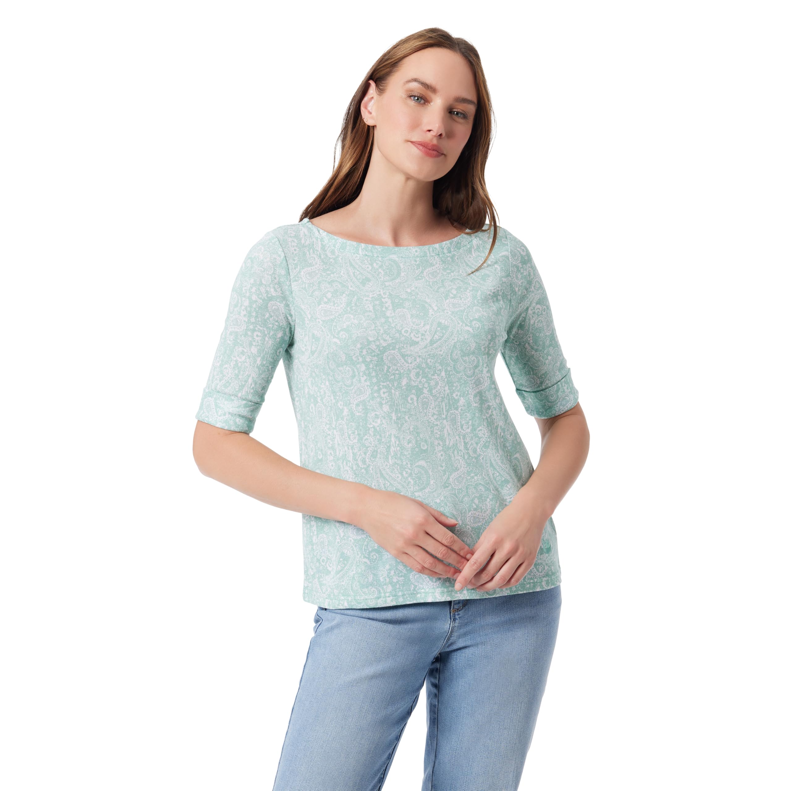 Gloria Vanderbilt Women's Alanis Boat Neck Knit Tee Shirt with Elbow Sleeves Standard