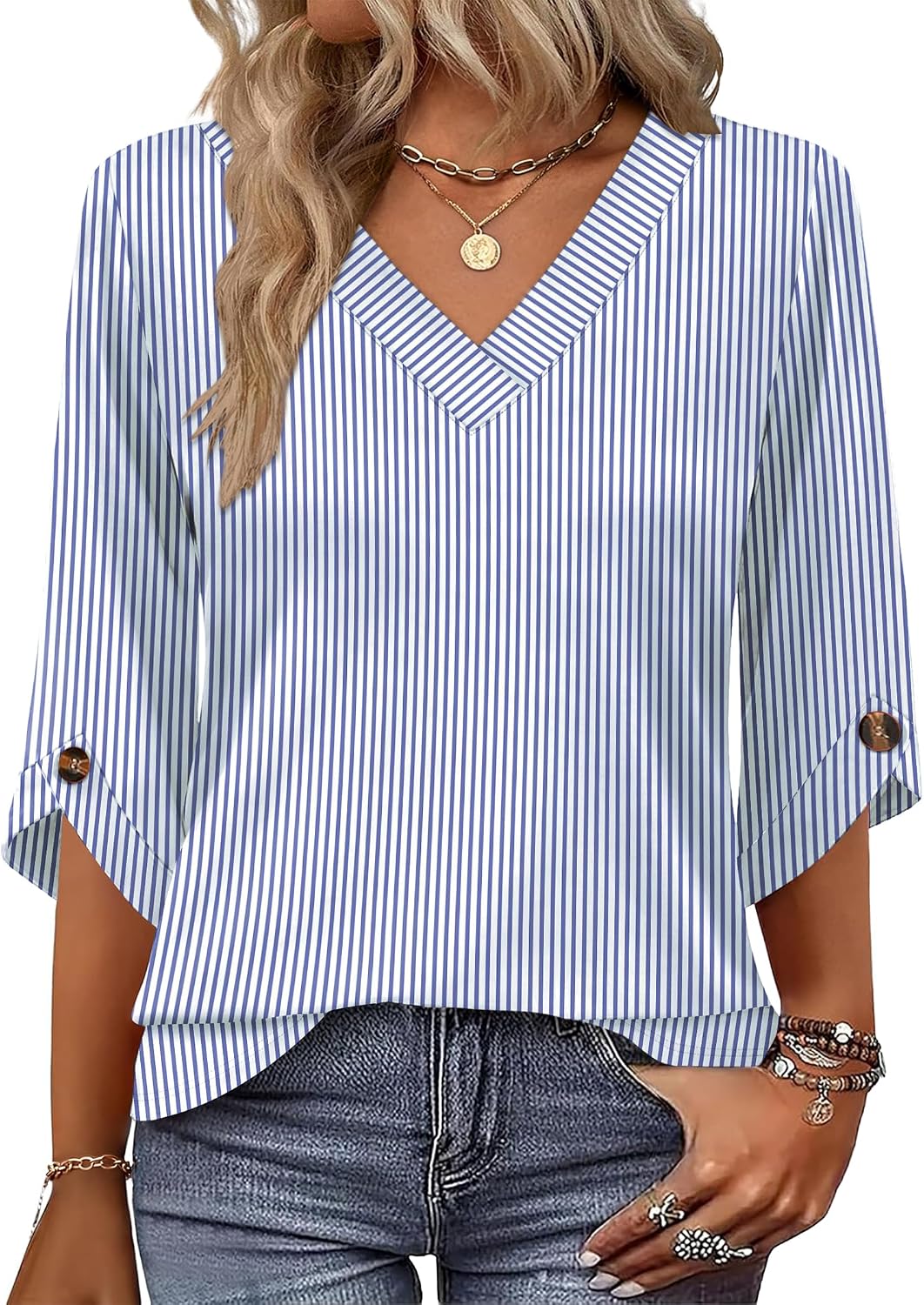 OFEEFAN 3/4 Length Sleeve Womens Tops Dressy Casual Blouses V Neck T Shirts Summer Tops Spring Outfits Loose Fit