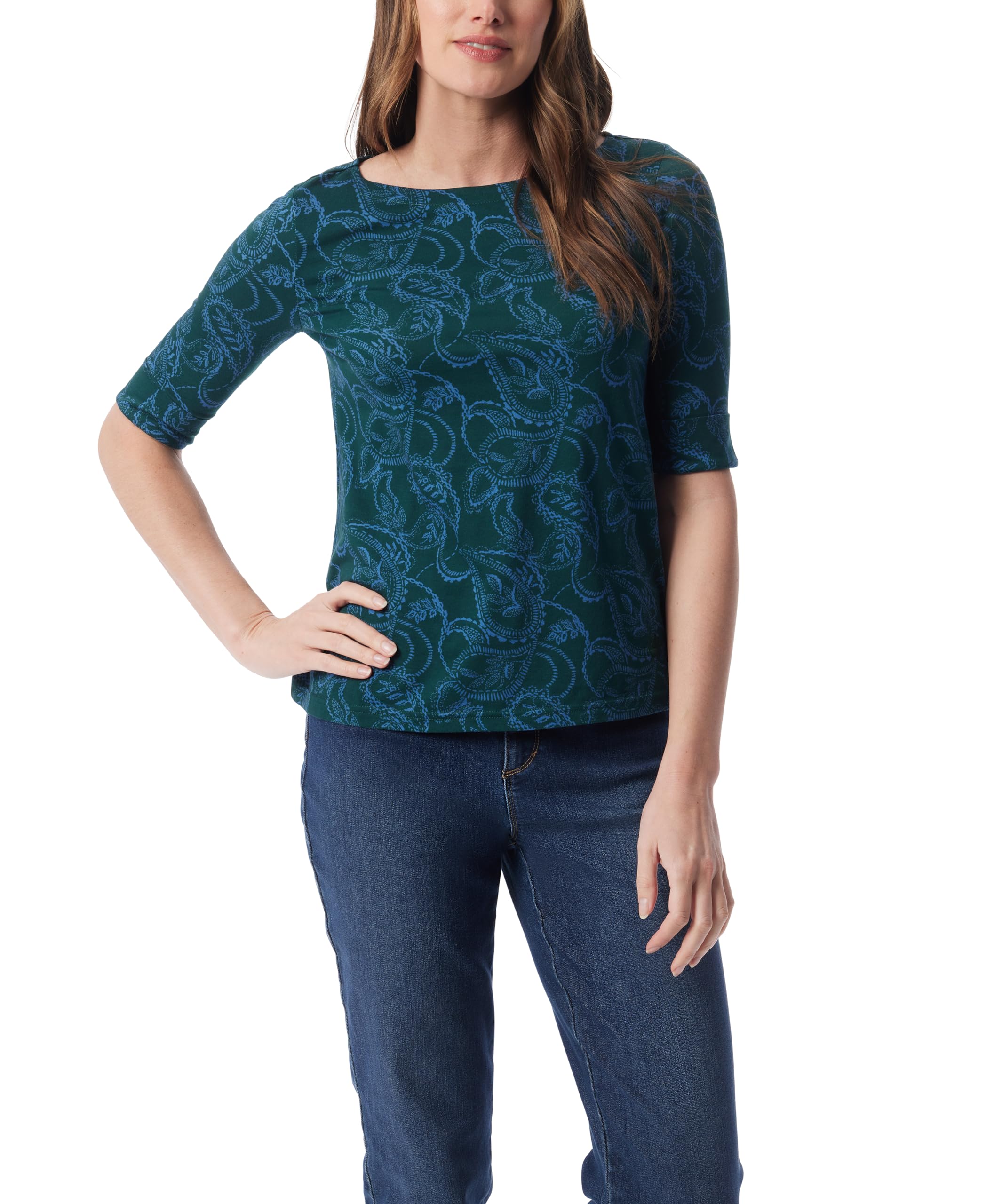 Gloria Vanderbilt Women's Alanis Boat Neck Knit Tee Shirt with Elbow Sleeves Standard