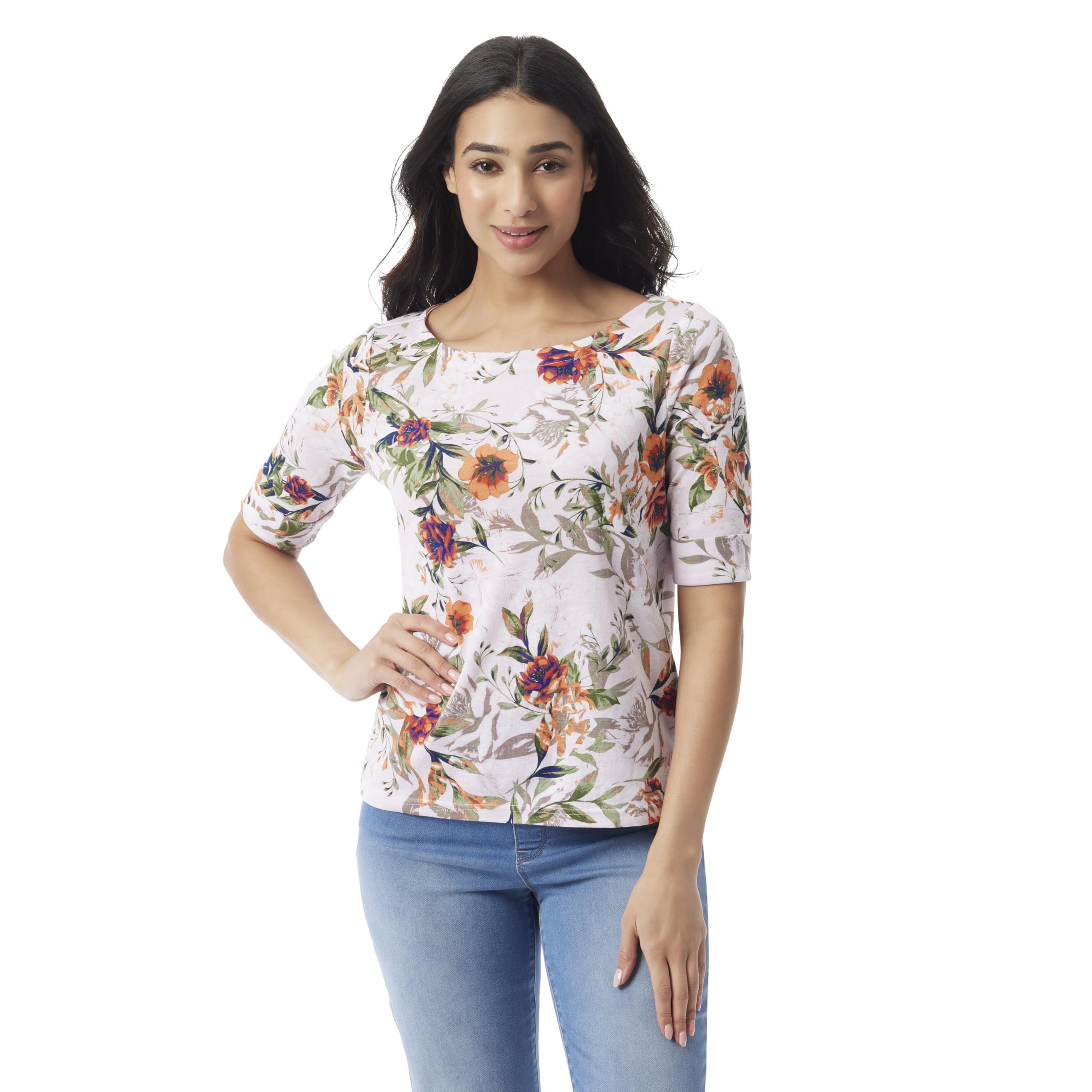 Gloria Vanderbilt Women's Alanis Boat Neck Knit Tee Shirt with Elbow Sleeves Standard