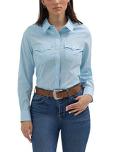 Load image into Gallery viewer, Women's Retro Long Sleeve Cool Blue Solid Western Shirt