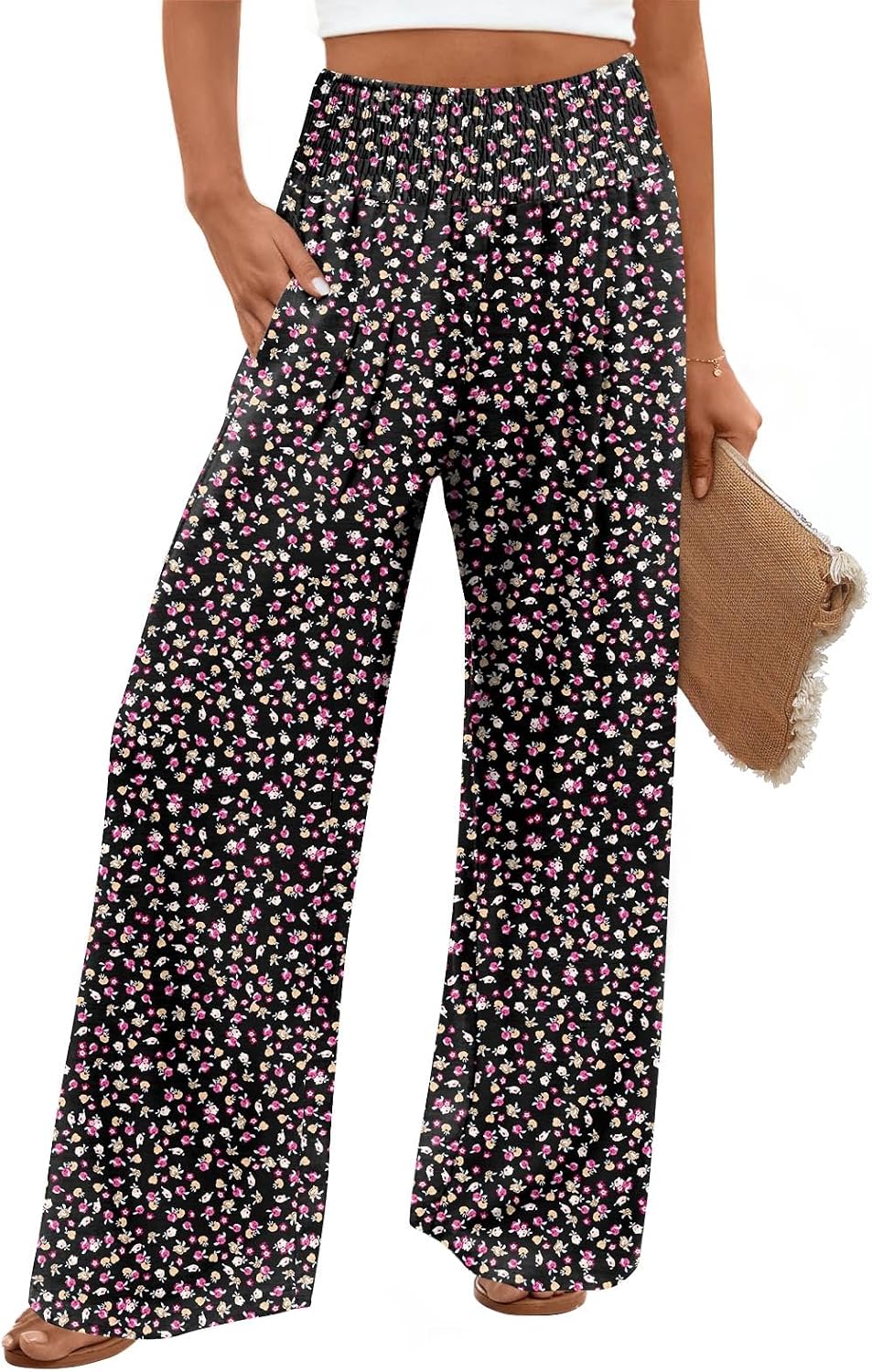 Findsweet Womens Wide Leg Pants Palazzo Casual Flowy Elastic Waist Pant Dressy Long Lounge with Pockets